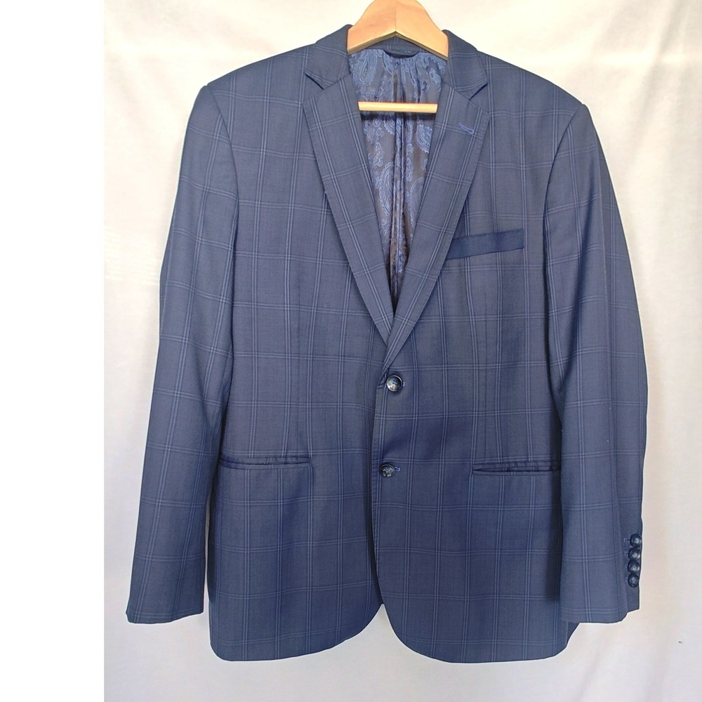 iTailor‎ Blazer Navy Blue Windowpane Suit Jacket Two Button Wool Blend 44R